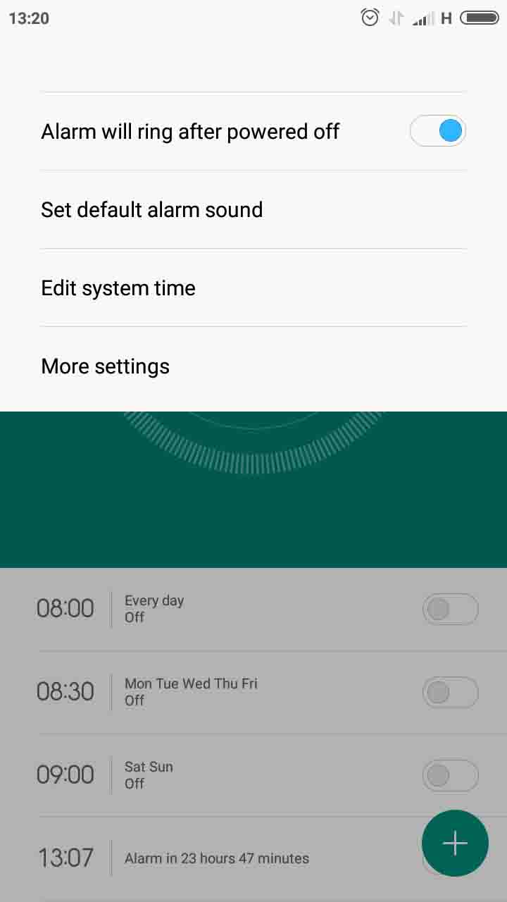 there are 4 options on this page. about 1cm from the top right of the screen is the close button. Below that which stretches from the left sidw of the screen to the right about 1cm thick, Alarm will ring after powered off, set default alarm, edit system time, more settings