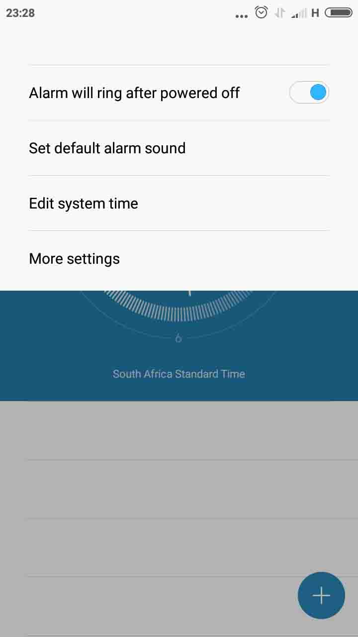 there are 4 options on this page. about 1cm from the top right of the screen is the close button. Below that which stretches from the left sidw of the screen to the right about 1cm thick, Alarm will ring after powered off, set default alarm, edit system time, more settings