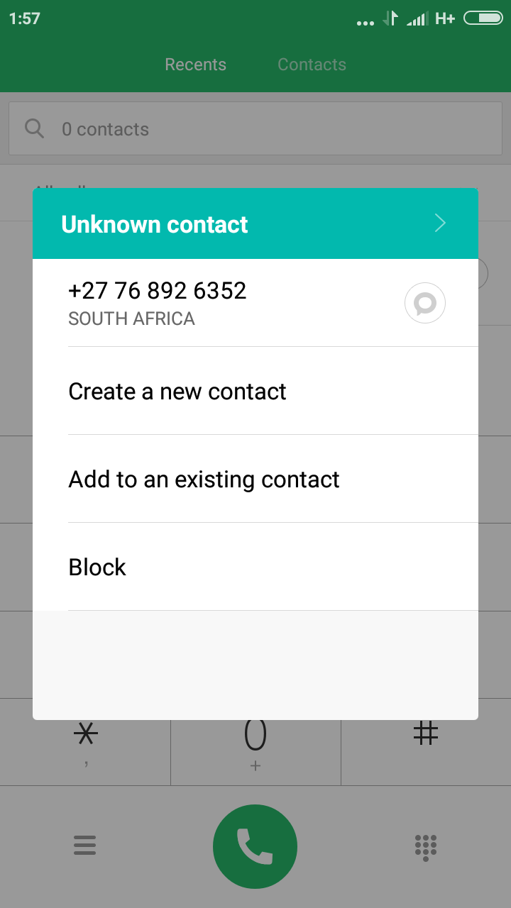 unknown contact menu. there are four bars. about four cm from the top is the phone number, below is create a new contact, below is add to an existing contact, below is block button