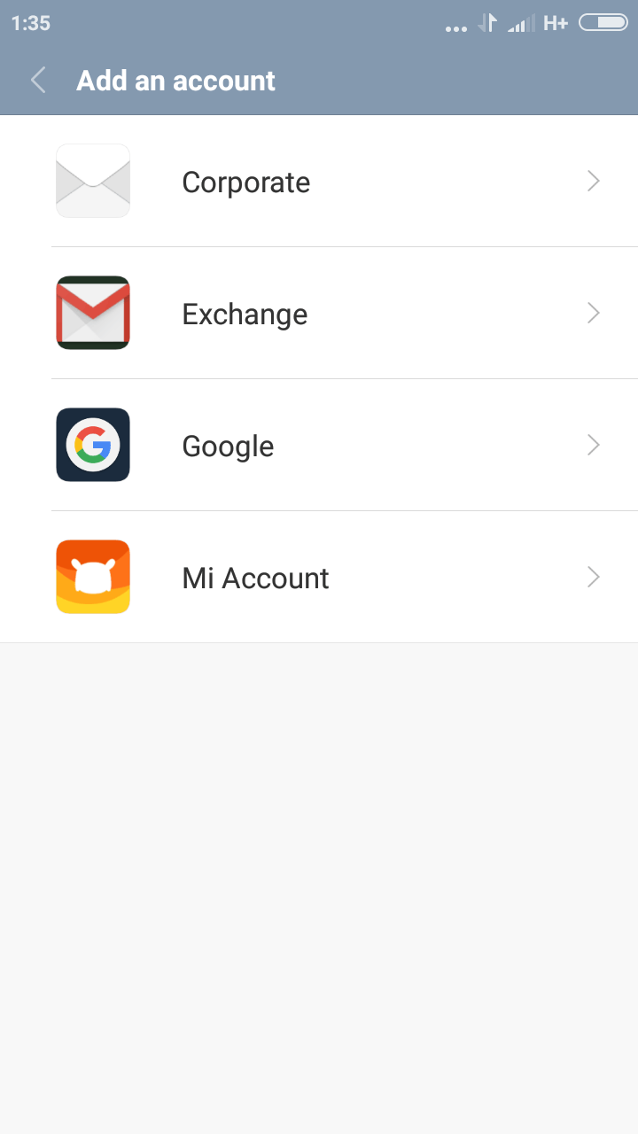 there are four choice bars. They stretch from left to the right of the screen. they are about 1ond and a hald cm from the top. corporate, then exchange, then google and mi account last