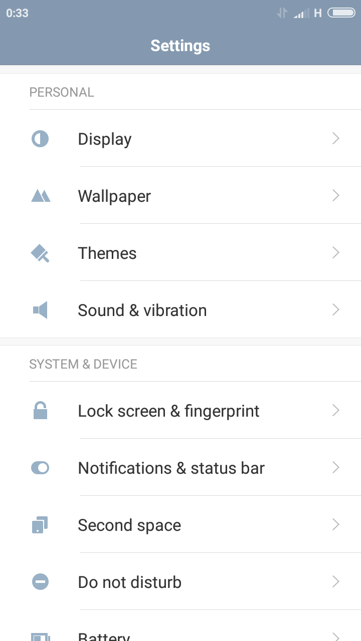 Under the personal heading you find: display, wallpaper, themes, sound and vibration