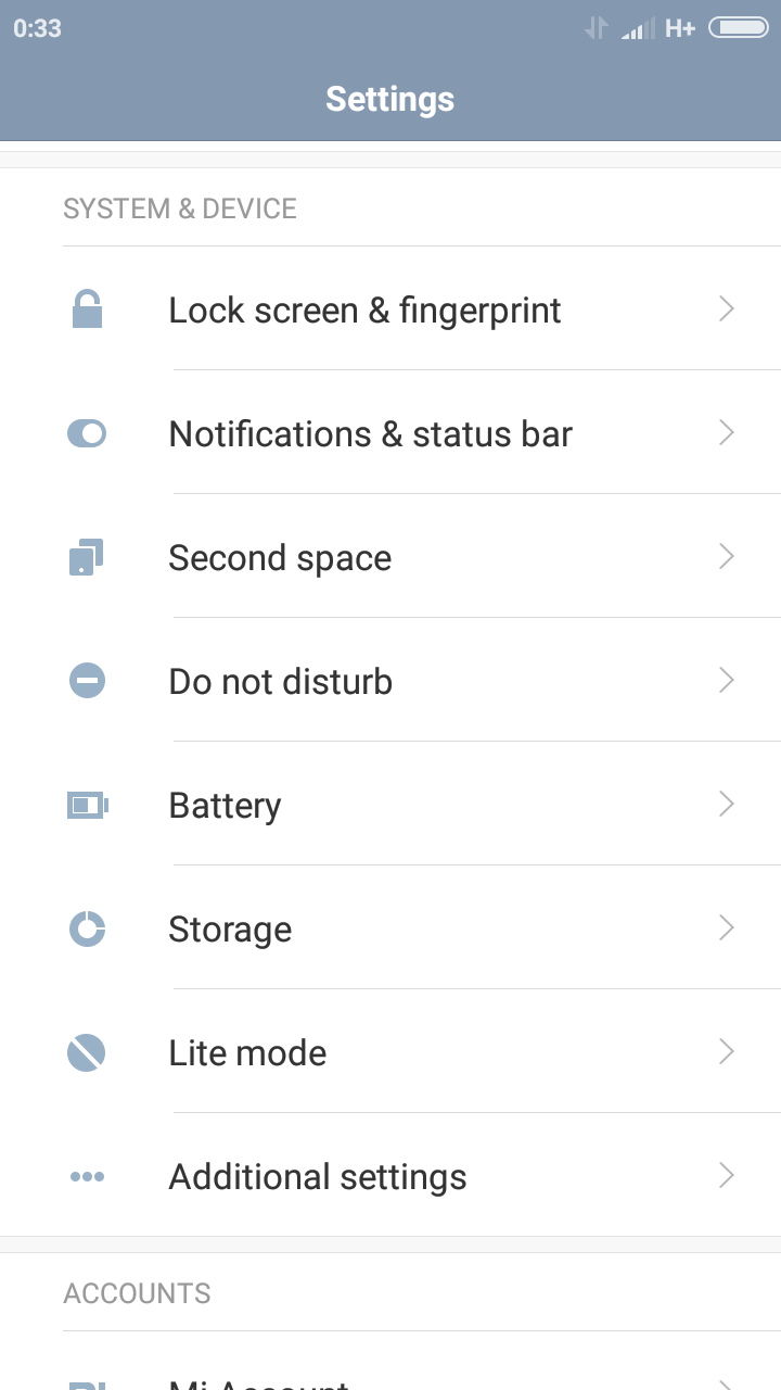 Under System and device heading you find : lock screen and fingerprint, notifications and status bar, second space, do not disturb, battery, storage, lite mode and additional settings