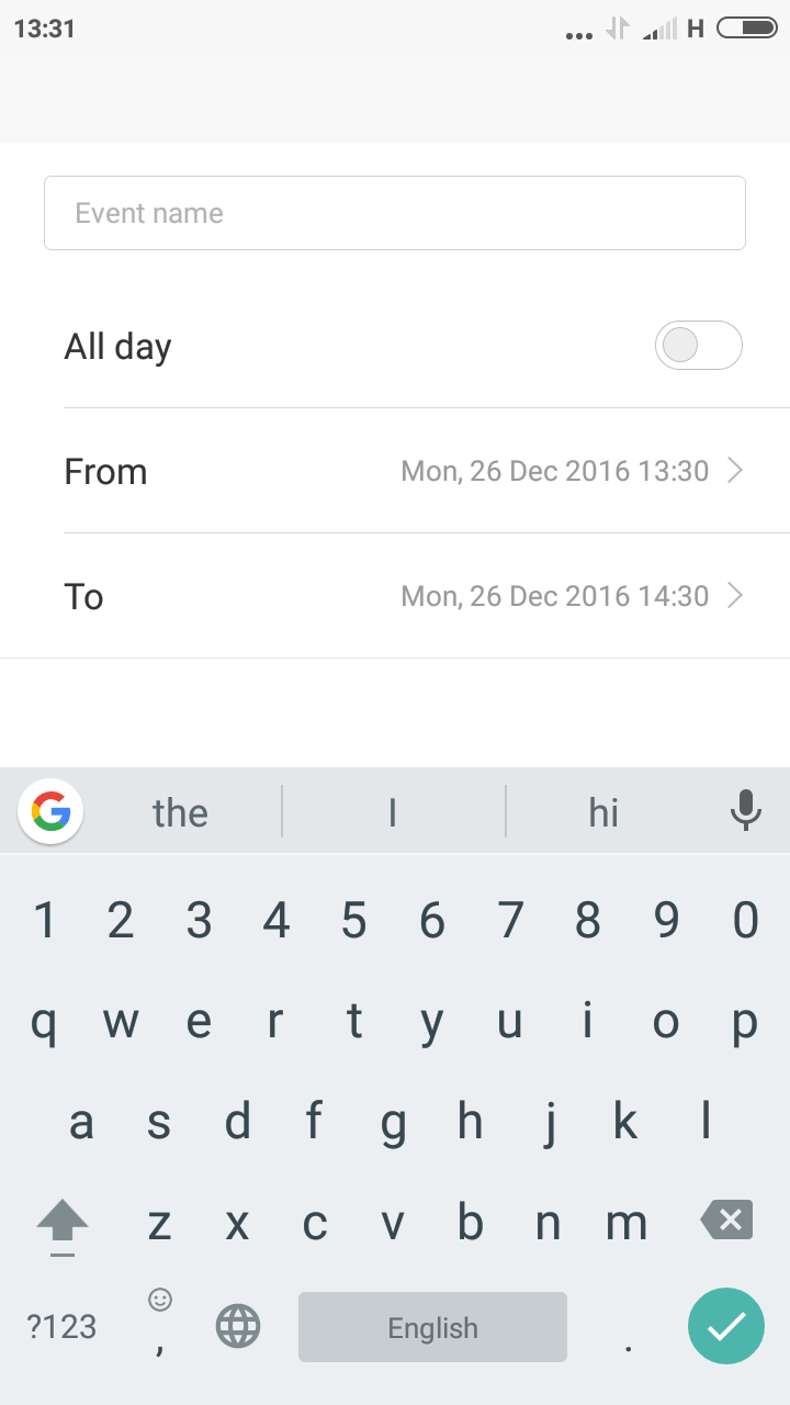 calendar event name. in the top left hand corner is the cancel button. to the right is the ok button. below them is the even name box. below that you have time settings with the keyboard at the bottom of the page
