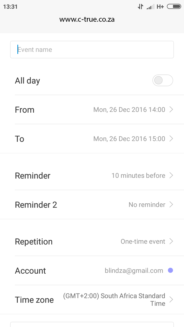 calendar event name. in the top left hand corner is the cancel button. to the right is the ok button. below them is the even name box. below that you have time settings with the keyboard at the bottom of the page