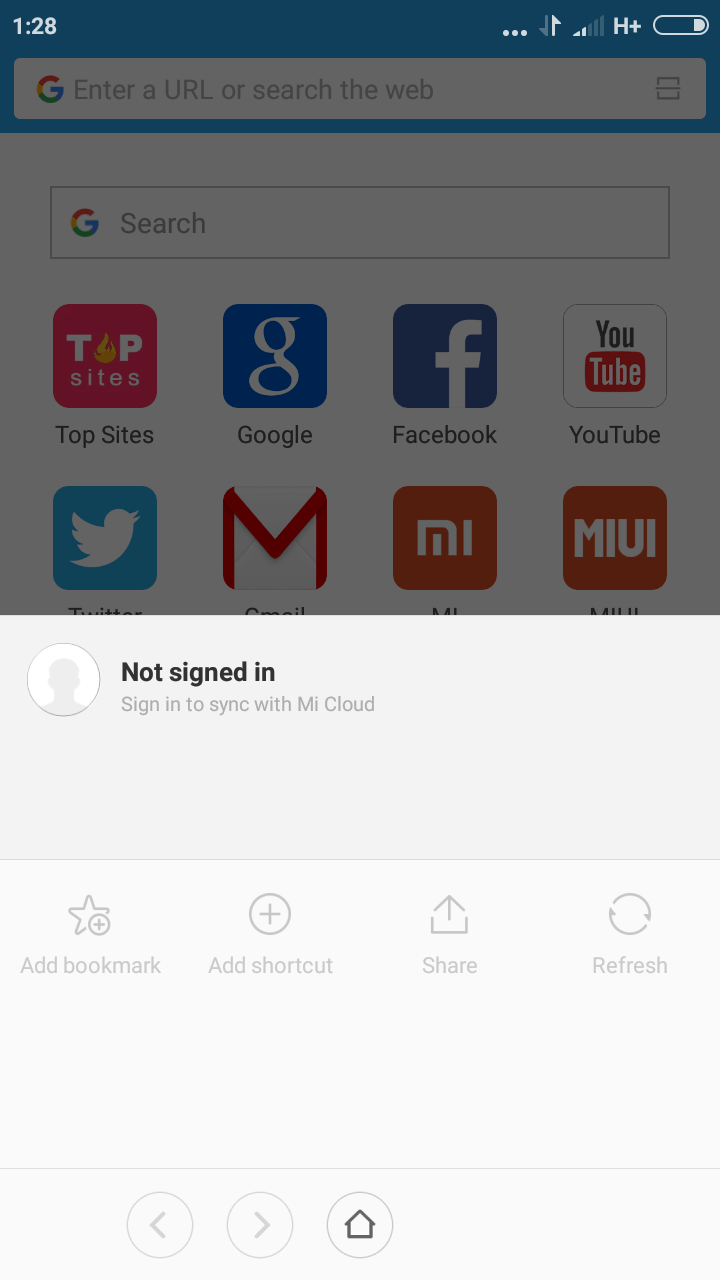 At the top of the page stops half way up the screen. In the top left hand corner are three buttons. the button on the left is an unlabeled button which takes you to checking find device status to sign into mi account. not signed in and sign in to sync with Mi cloud with bookmarks etc below